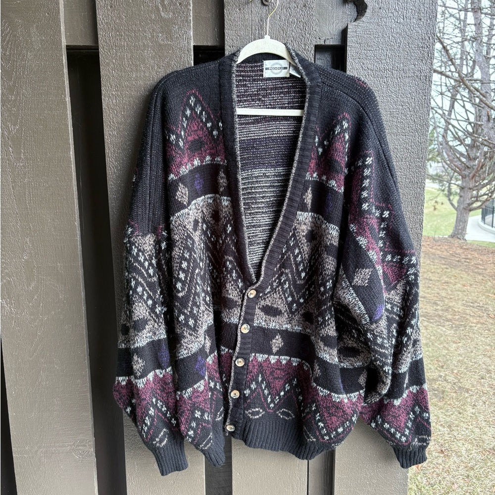 Men's Black and Burgundy Patterned Sweater
